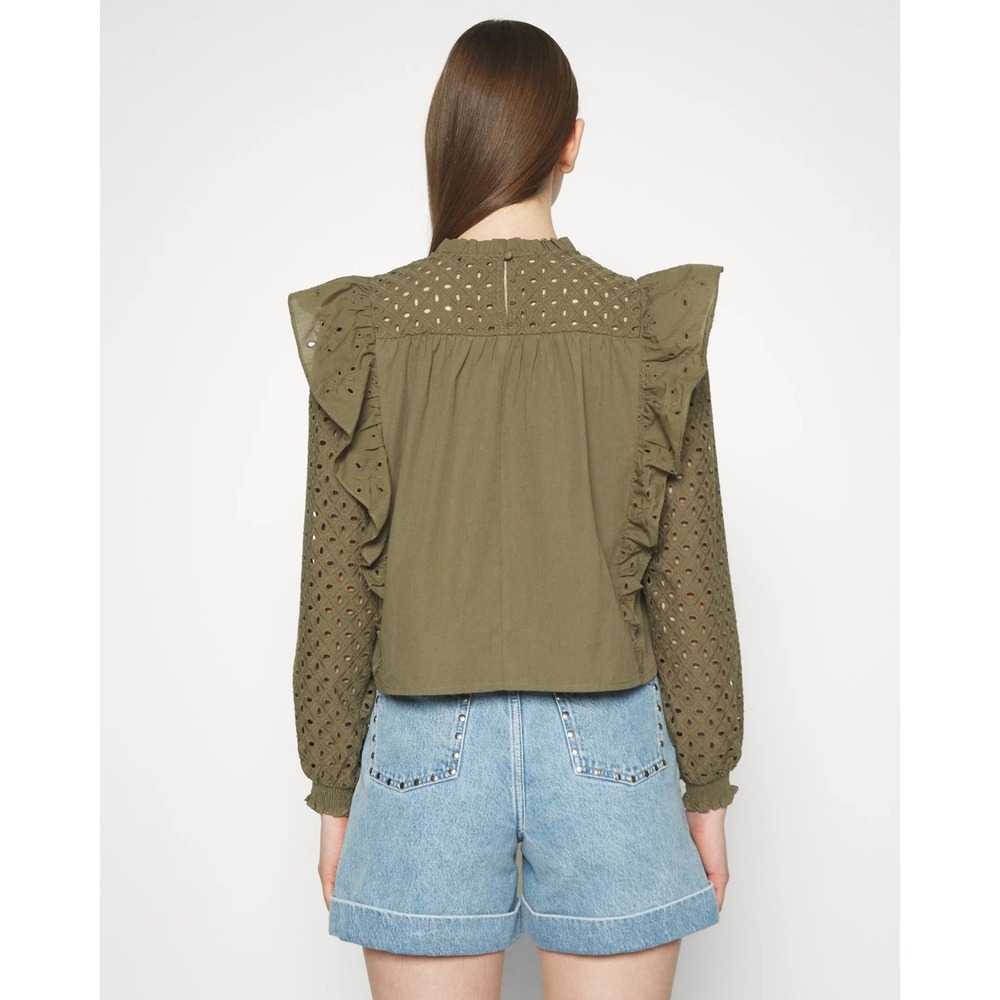 Maje Linode Eyelet Ruffle Blouse Green Long Sleeve Top Sz 1 FR / 4 US - Picture 3 of 11